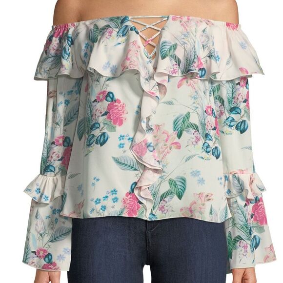 Parker floral 100% silk off shoulder top, flutter sleeves, ruffle neckli… - Picture 2 of 10
